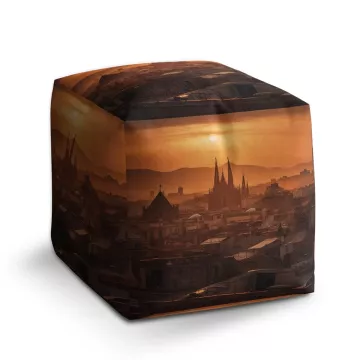 Taburet Kostka Barcelona Night Skyline: 40x40x40 cm - Sablio